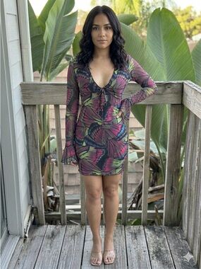Fashion Nova Mariposa Butterfly Mesh Mini Dress M Long Bell Sleeve Y2K